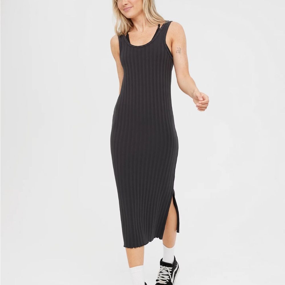 Aerie offline OG groove ribbed Charcoal Midi Dress